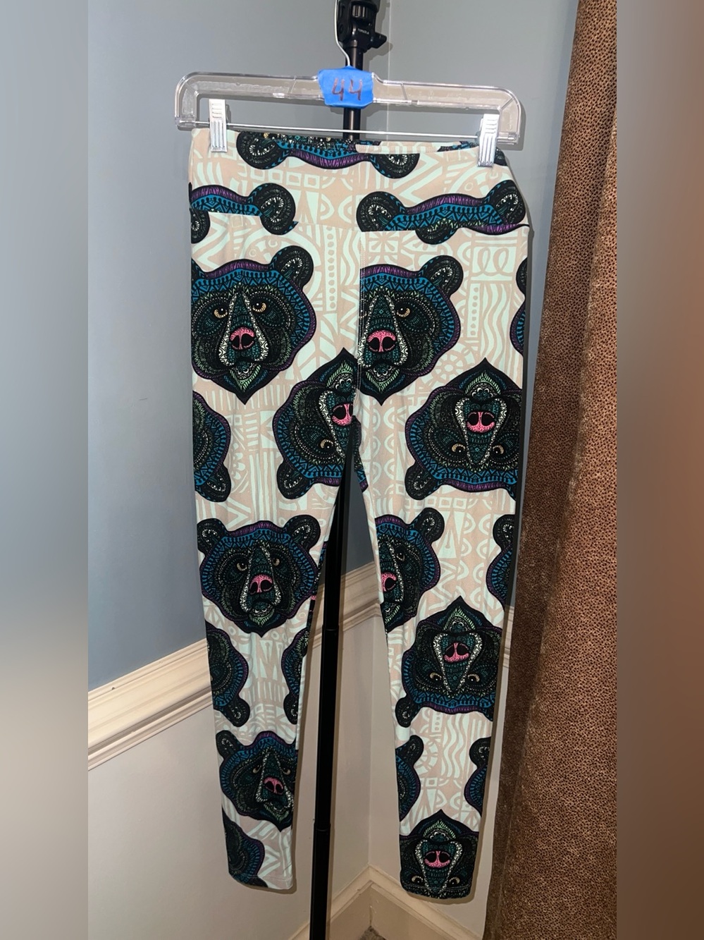 LuLaRoe Beige Leggings with Blue, Black & Pink Bear Faces